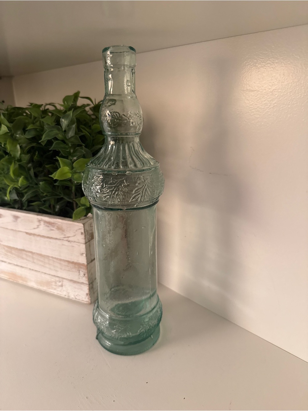 Vintage Spanish Recycled Glass Bottle Vase Aqua Green Embossed Pinecone